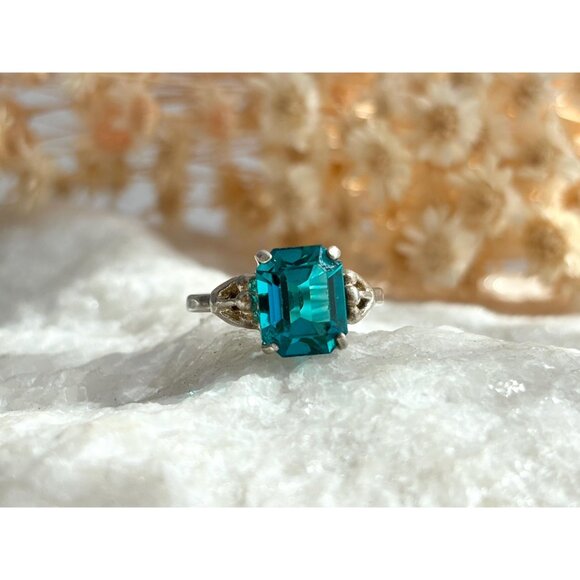 Sarah Coventry Teal Tourmaline Emerald Cut 925 Sterling Silver Vintage Ring sz 7 - Picture 11 of 12